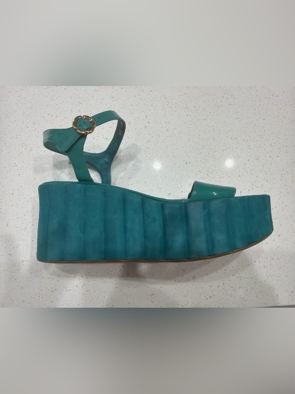 Salvatore Ferragamo Teal Patent Platform Sandals with Gold Buckle - Picture 3 of 4